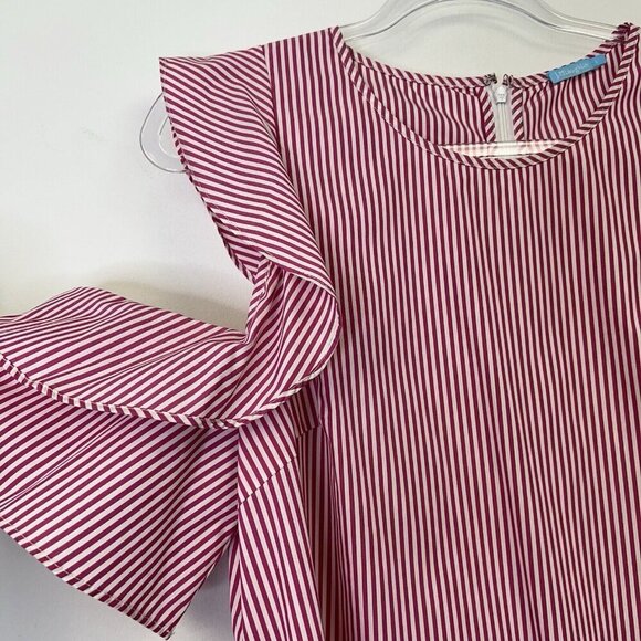 J McLaughlin Cold Shoulder Dress Womens Size Large Pink White Vertical Stripe - Picture 5 of 11
